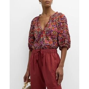 XIRENA Lucia Popover Blouse Womens Small Kaleidoscope Puff Sleeve Boho Cottage